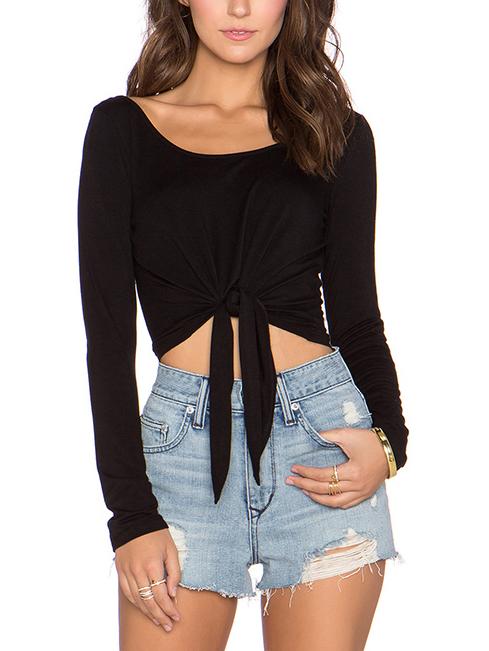 Romwe Long Sleeve Knotted Crop T-shirt