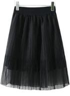 Romwe Elastic Waist Mesh Pleated Black Skirt