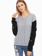Romwe Grey Cable Knit Contrast Sleeve Sweater