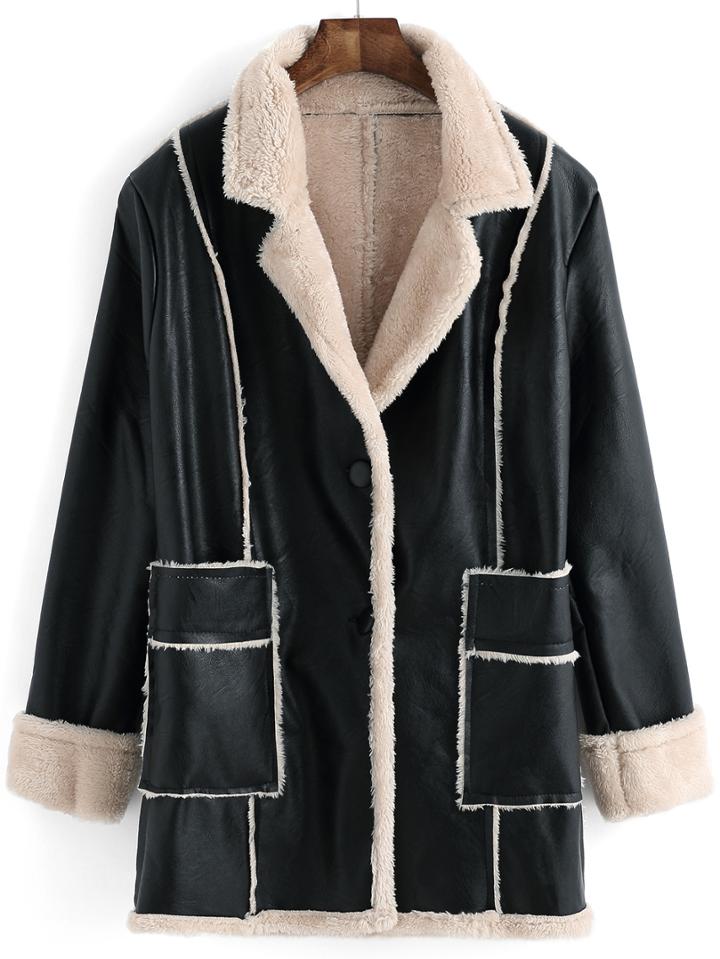 Romwe Lapel Pockets Long Pu Coat