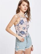 Romwe Pink Flower Print Racer Front Cami Top