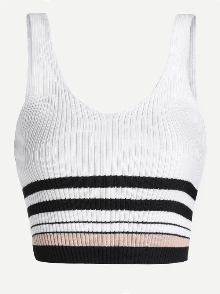 Romwe Rib Knit Crop Striped Tank Top