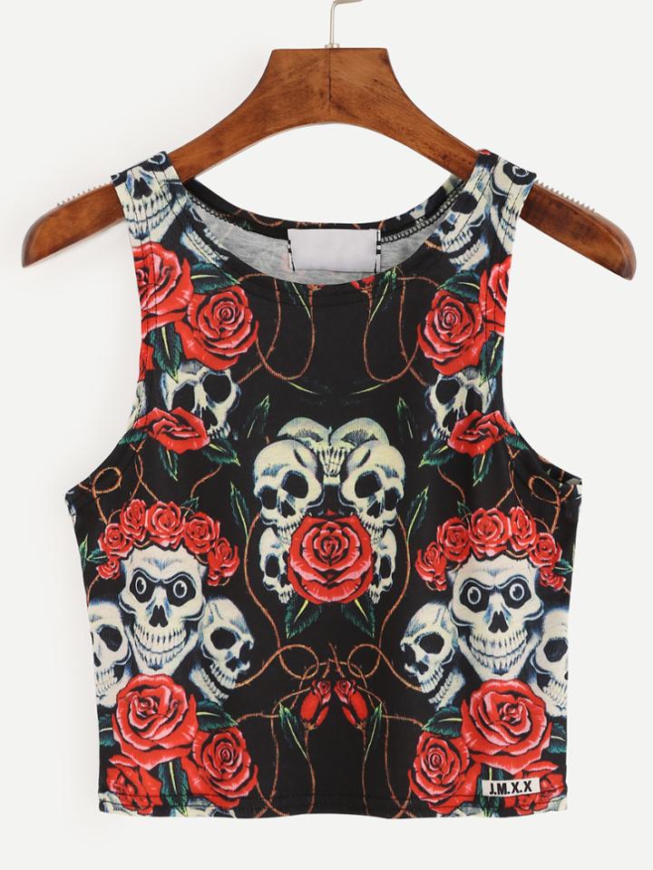 Romwe Black Rose And Skull Print Crop Tank Top