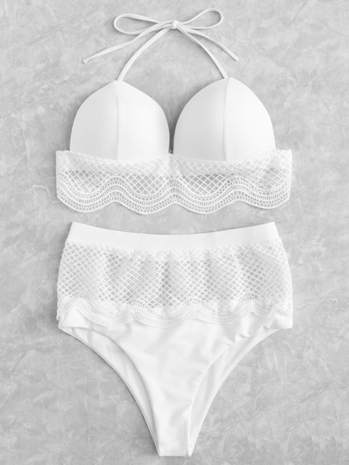 Romwe Contrast Lace Halter Bikini Set