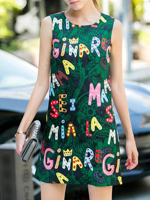 Romwe Green Round Neck Sleeveless Letters Print Dress