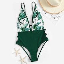 Romwe Random Plant Backless One Piece Swimwear