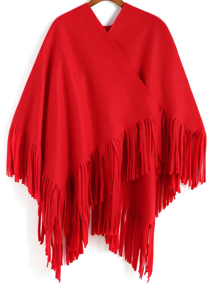 Romwe Tassel Long Red Poncho