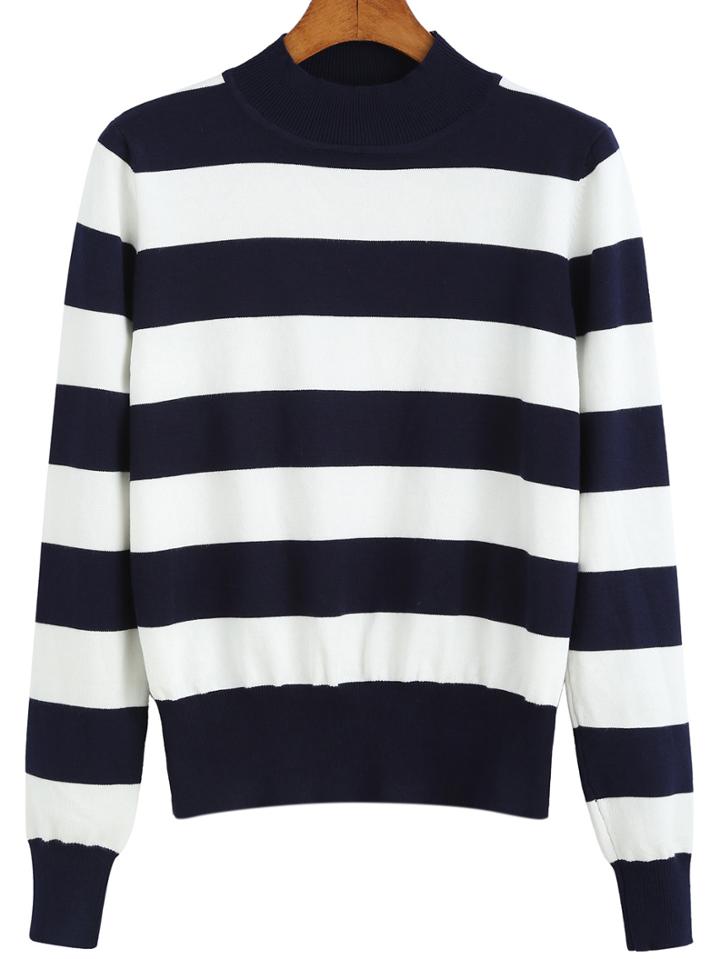 Romwe Polo Neck Striped Sweater