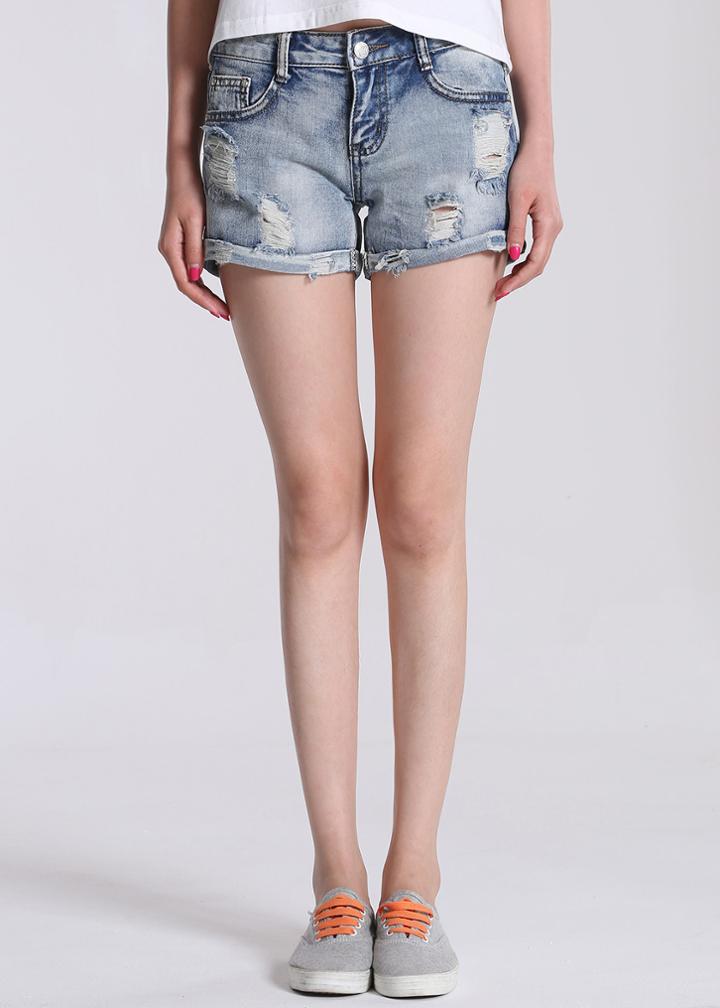 Romwe Ripped Bleached Flange Denim Shorts