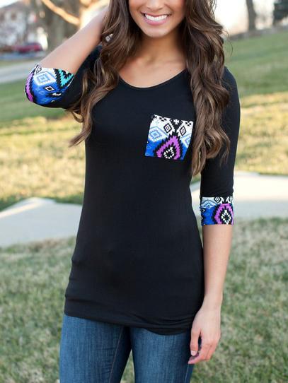 Romwe Long Sleeve Geometric Print Pocket T-shirt