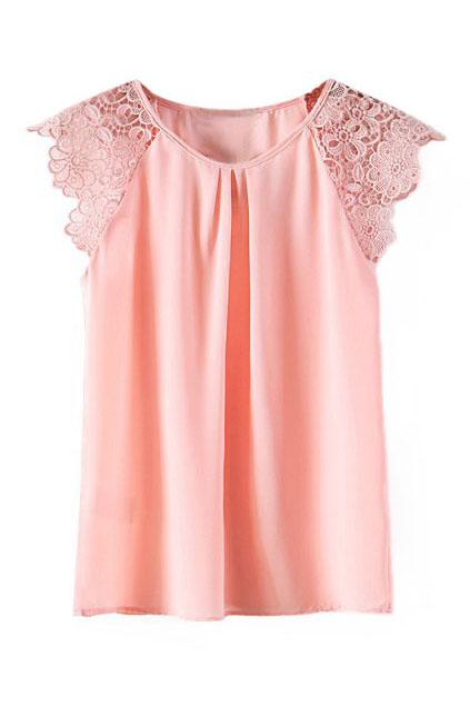 Romwe Lace Shoulder Pleated Pink T-shirt