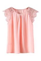 Romwe Lace Shoulder Pleated Pink T-shirt