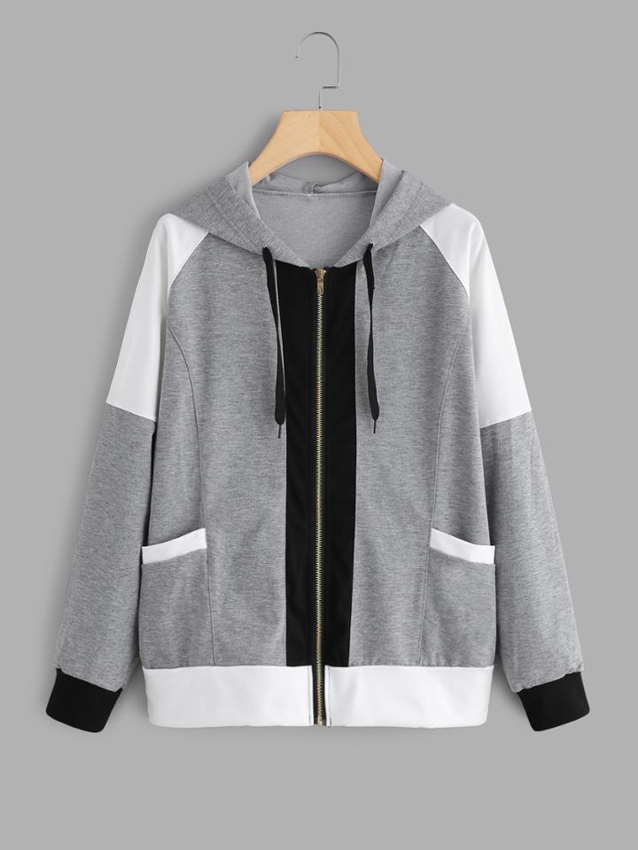 Romwe Contrast Panel Marled Hooded Jacket