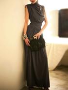 Romwe High Neck Sleeveless Pleated Maxi Grey Dress