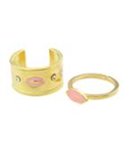 Romwe Gold Plated Enamel Lips Cute Cuff Two Pieces Rings For Women
