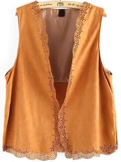 Romwe Suede Hollow Khaki Vest