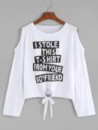 Romwe White Slogan Print Open Shoulder Knotted Front T-shirt