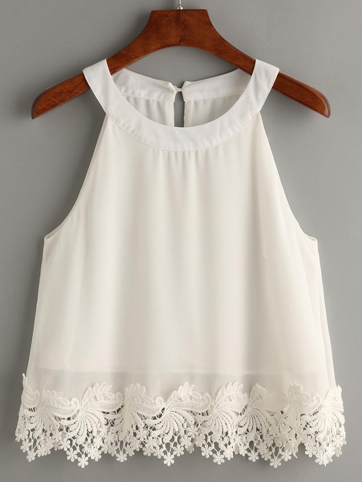 Romwe White Lace Trimmed Halter Neck Top