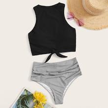 Romwe Knot Hem Top With Ruched High Waist Bikini Set