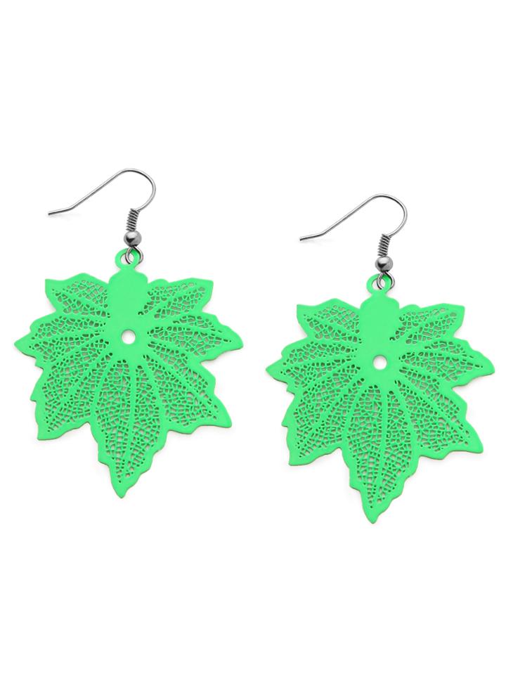 Romwe Green Cutout Leaf Drop Earrings