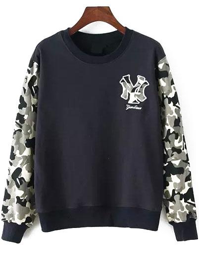 Romwe Round Neck Letter Embroidered Black Sweatshirt