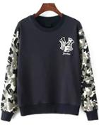 Romwe Round Neck Letter Embroidered Black Sweatshirt