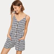 Romwe Plaid Print Button Detail Cami Jumpsuit