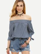 Romwe Navy Vertical Striped Off The Shoulder Blouse