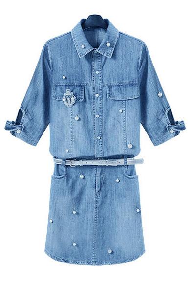 Romwe Lapel With Pearl Pockets Denim Dress