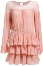 Romwe Round Neck Sheer Lace Ruffle Pink Dress