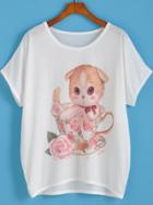 Romwe Rose Cat Print Loose T-shirt