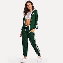 Romwe Stripe Contrast Side Hooded Jacket & Drawstring Pants