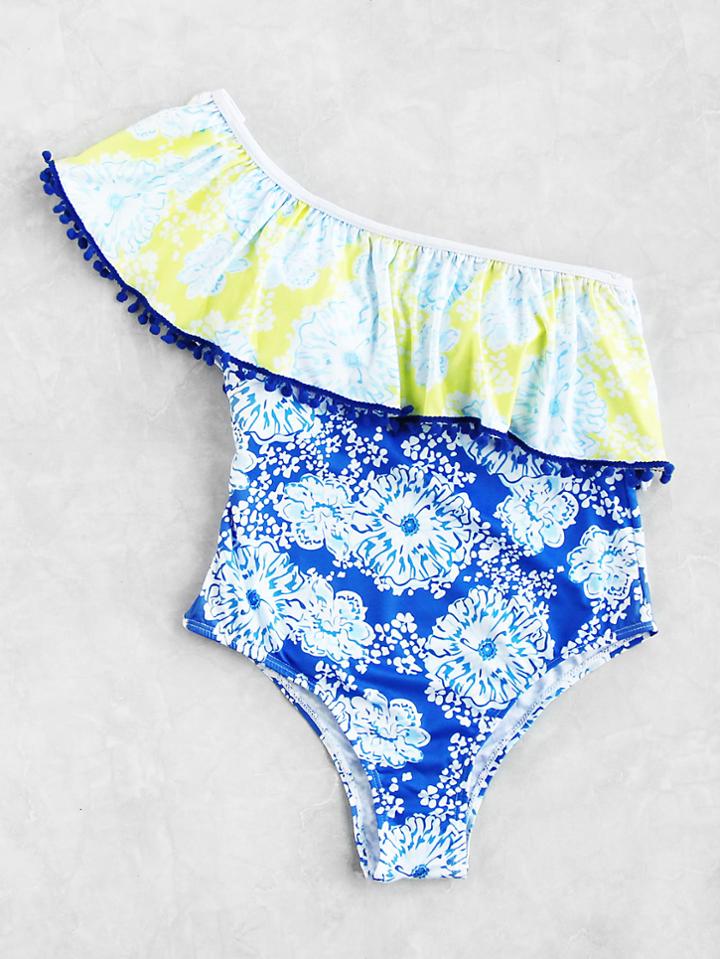 Romwe Calico Print One Shoulder Flounce Swimsuit
