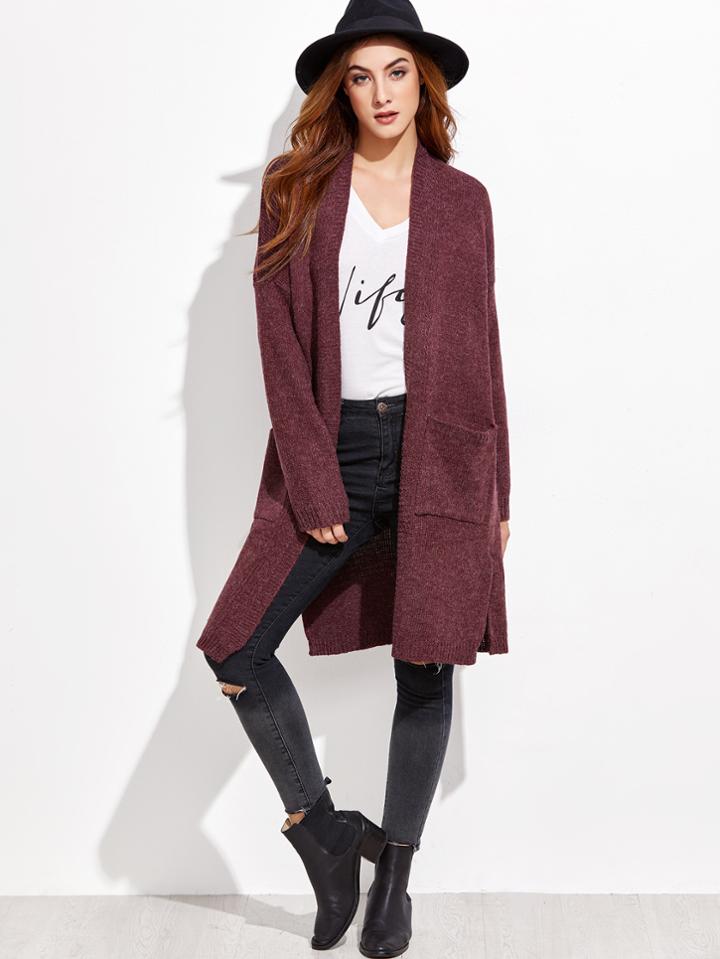 Romwe Burgundy Pockets Split Coat