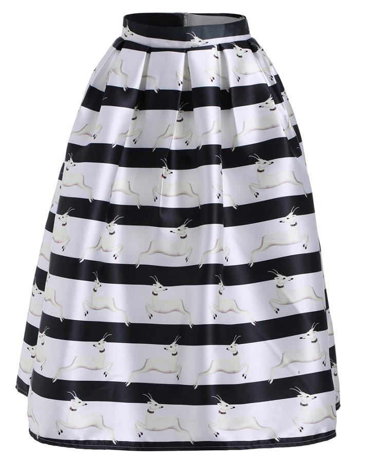 Romwe With Zipper Deer Print Striped Skirt