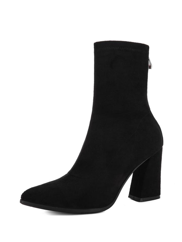 Romwe Back Zipper Block Heeled Point Toe Boots