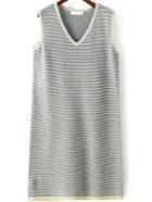 Romwe V Neck Striped Knit Grey Dress