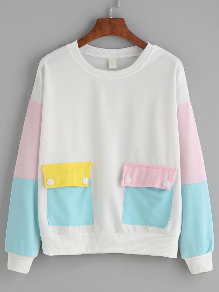 Romwe Color Block Dropped Shoulder Seam Patch Pockets Sweatshirt