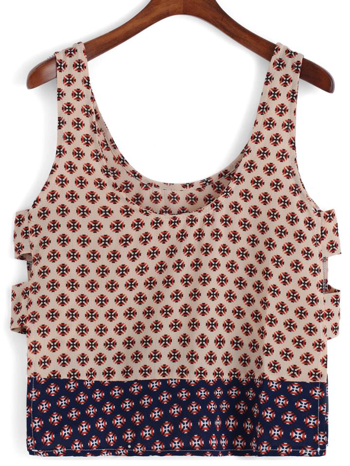 Romwe Geometric Print Hollow Split Tank Top