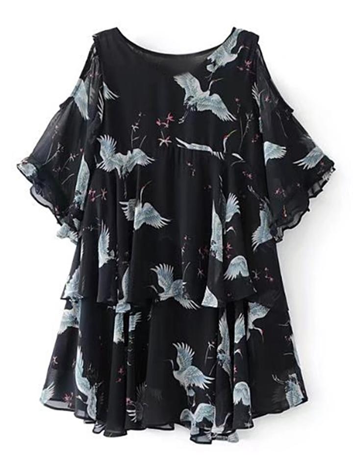 Romwe Open Shoulder Cranes Print Tiered Dress