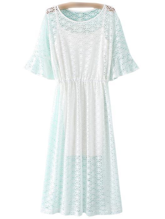Romwe White Elastic Waist Bell Sleeve Lace Dress With Strap