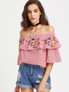 Romwe Flounce Layered Neckline Embroidered Gingham Top