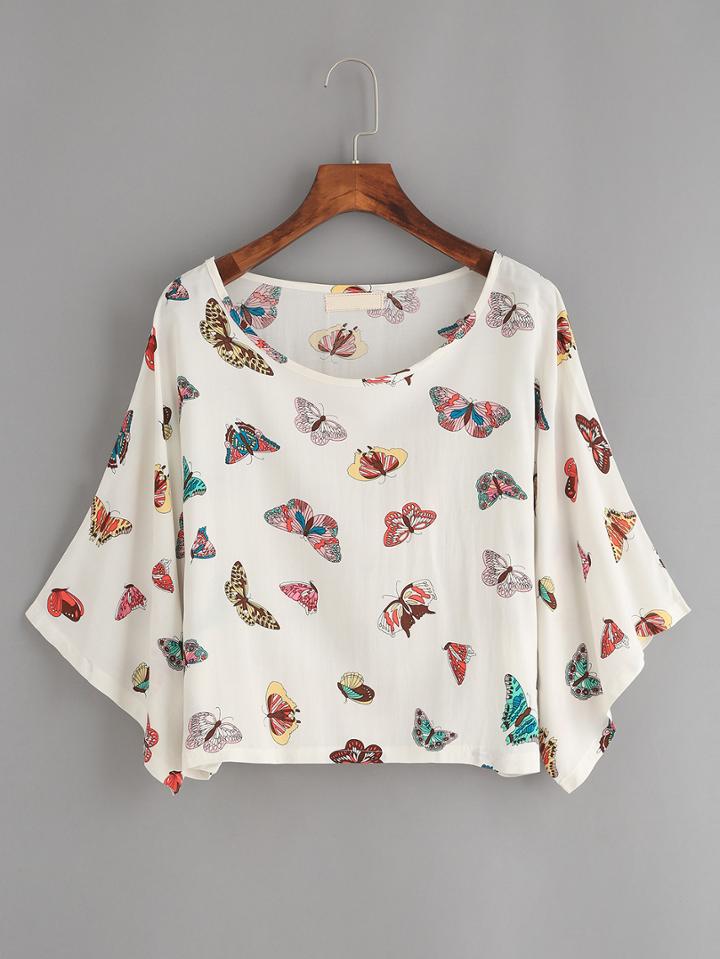 Romwe White Butterfly Print Poncho Blouse