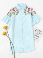 Romwe Ruffle Sleeve Floral Embroidered Shirt Dress