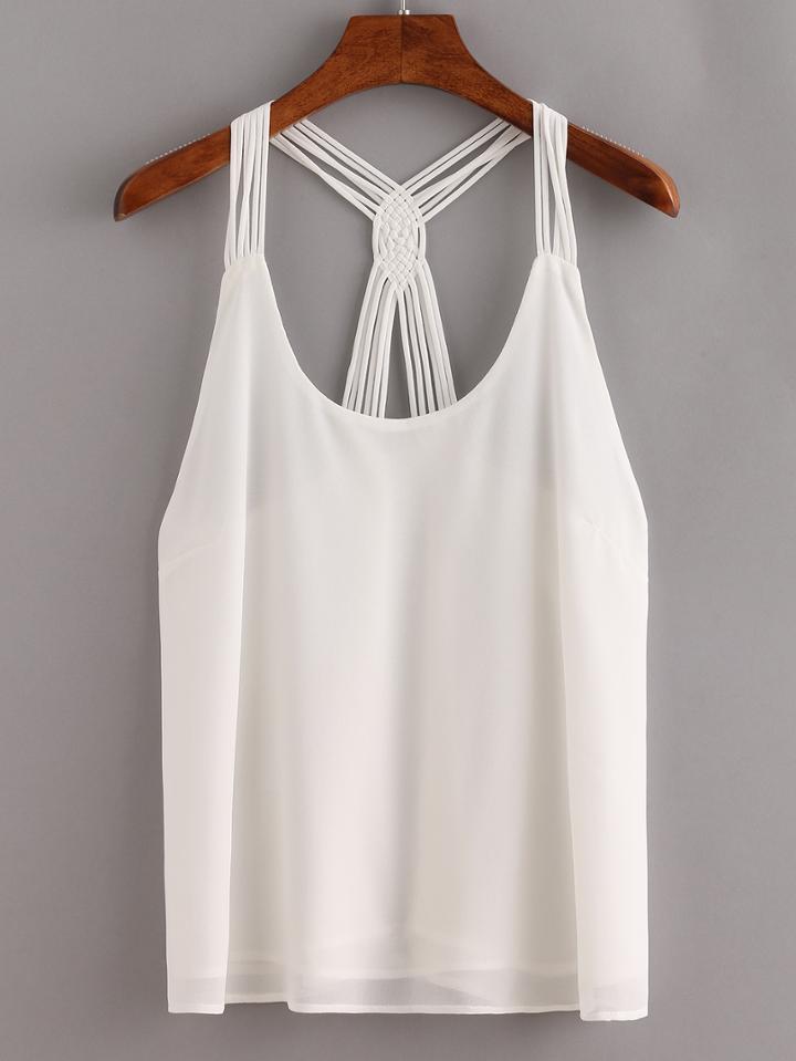 Romwe Strappy Braided Back Chiffon Top - White