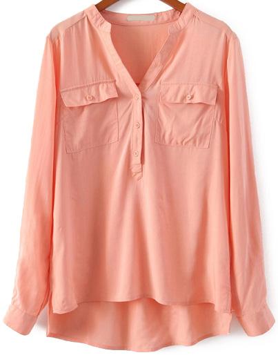Romwe V Neck Pockets Dipped Hem Orange Blouse