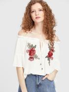 Romwe Flower Applique V Notch Tie Front Crinkle Top