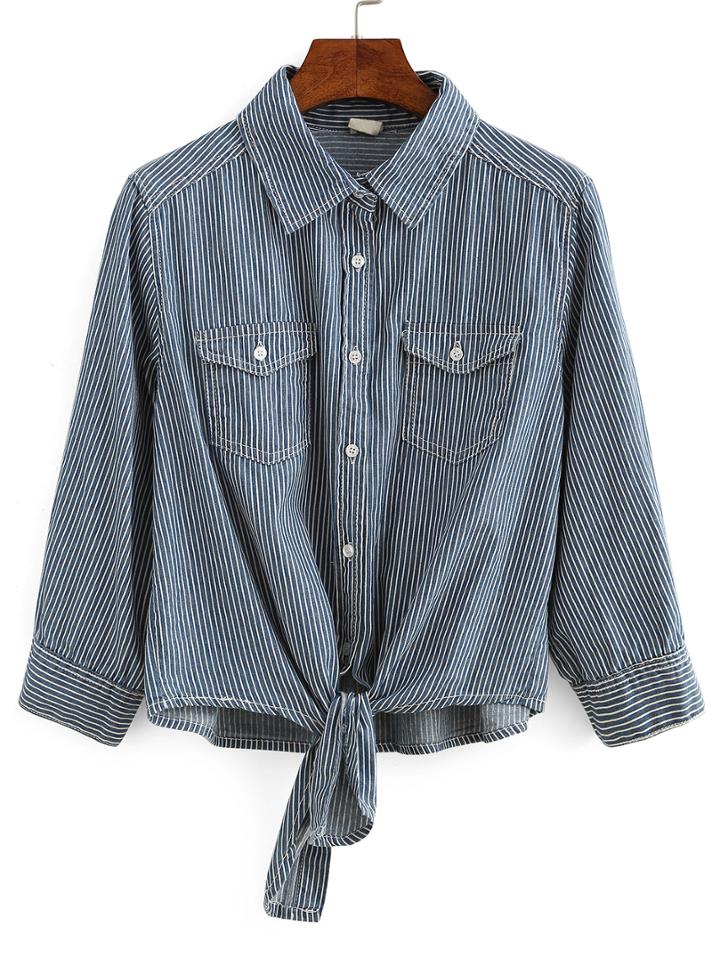 Romwe Tie-front Vertical Striped Blouse
