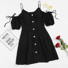 Romwe Open Shoulder Knot Button Front Dress