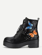Romwe Butterfly Embroidery Lace Up Ankle Boots